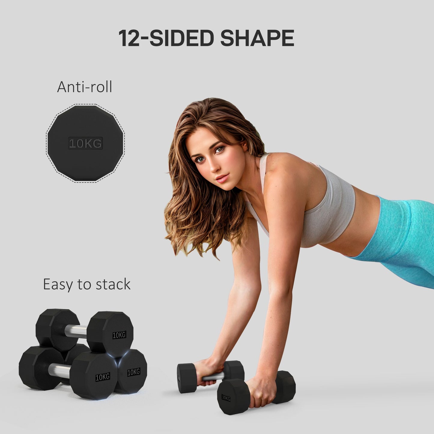20 kg dumbbell set in metal, non-slip, black, strength training