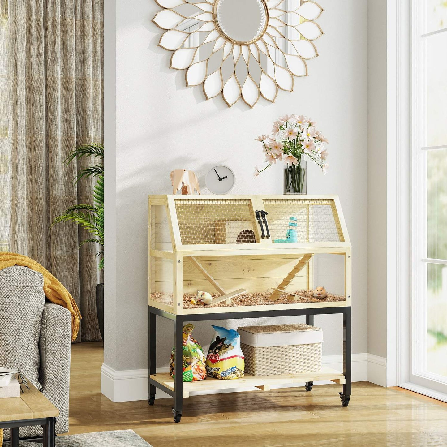 Dwarf hamster cage in wood with wheels and accessories