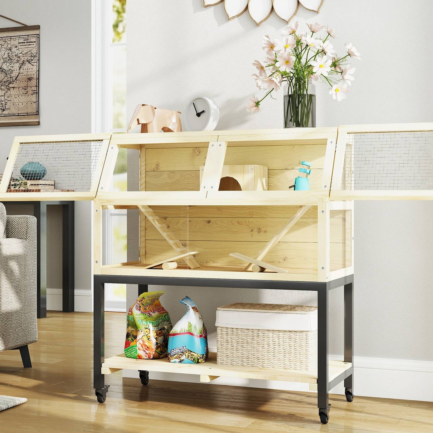 Dwarf hamster cage in wood with wheels and accessories