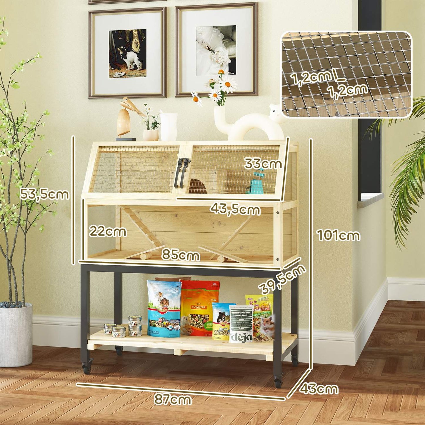 Dwarf hamster cage in wood with wheels and accessories