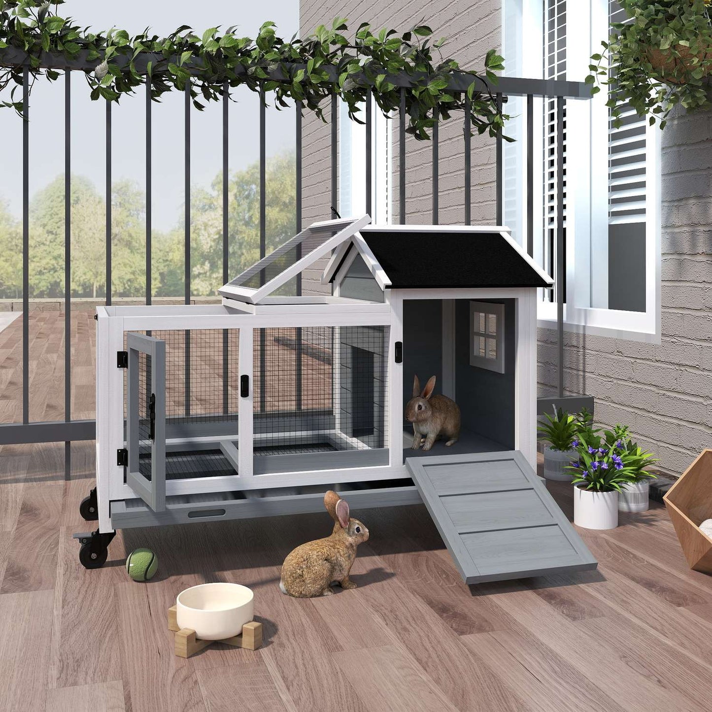 Dwarf rabbit cage, wooden, with tray and cover, indoor/outdoor