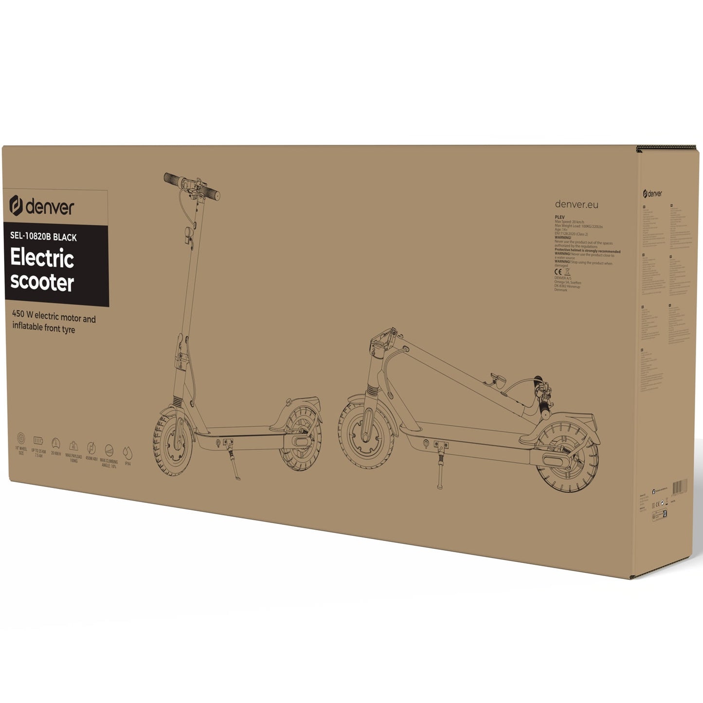 E-Scooter 450W, 20km/h, 10"" Wheels, Foldable, Black