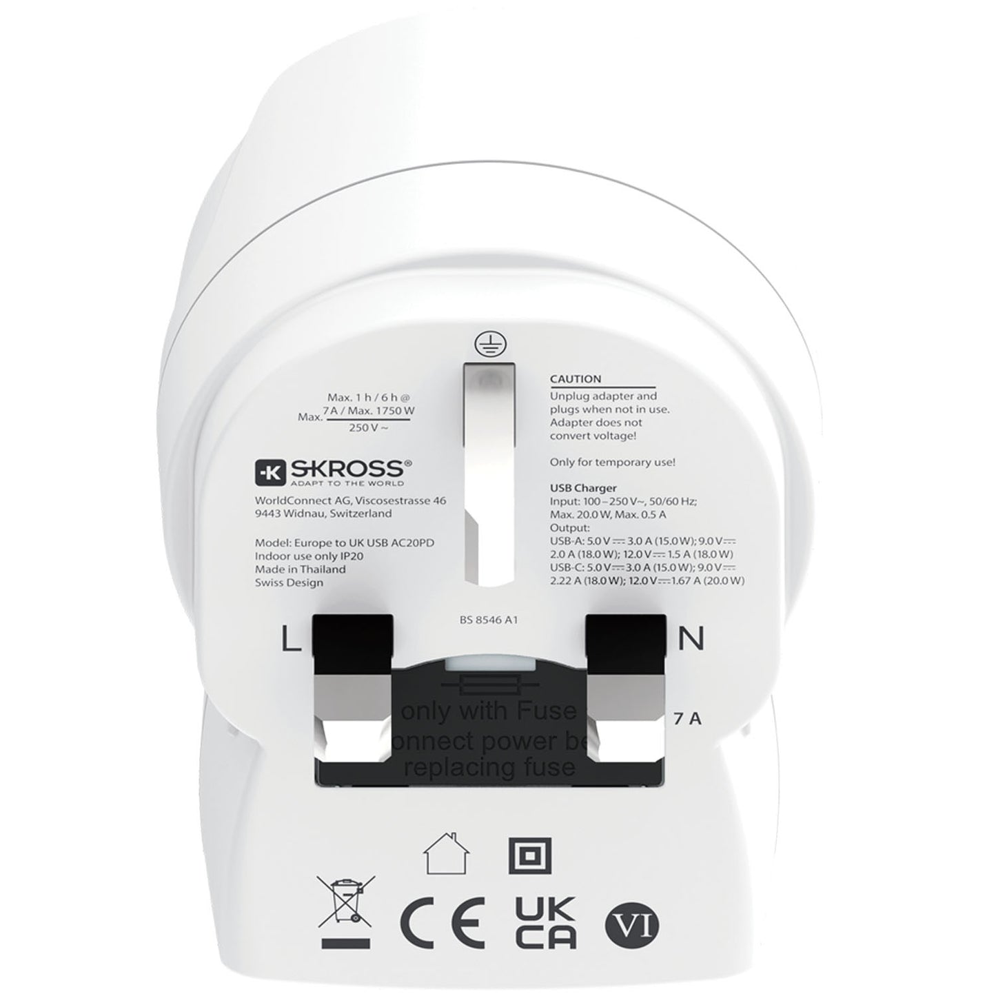 EU to UK Plug Adapter, USB-A/USB-C 20W PD Grounded
