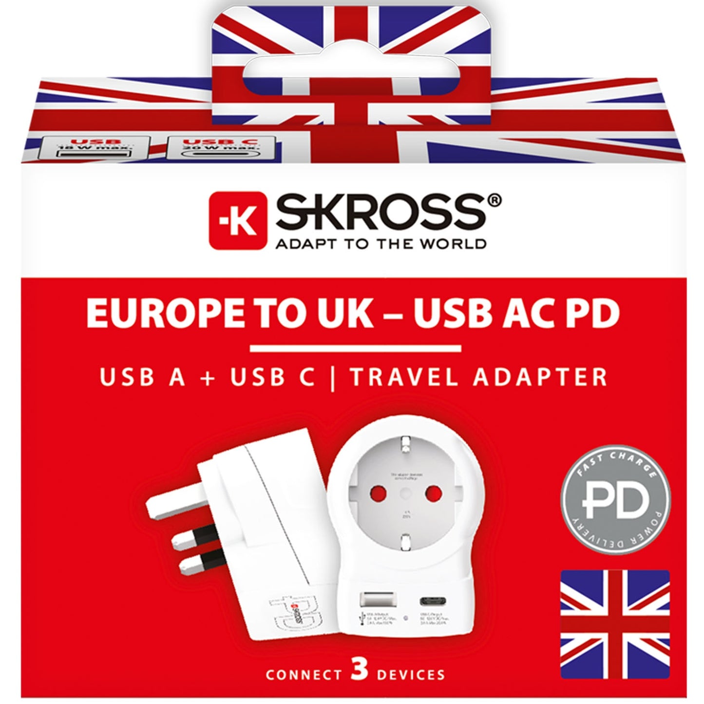 EU to UK Plug Adapter, USB-A/USB-C 20W PD Grounded