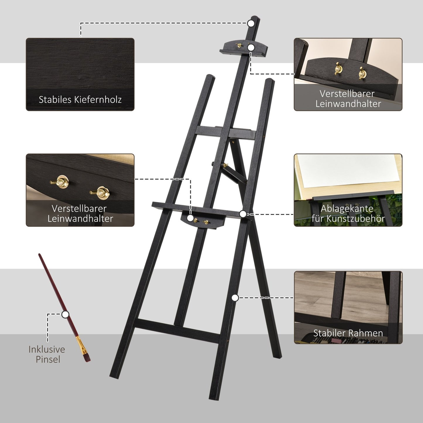 Adjustable pine easel for art painting, 90° foldable