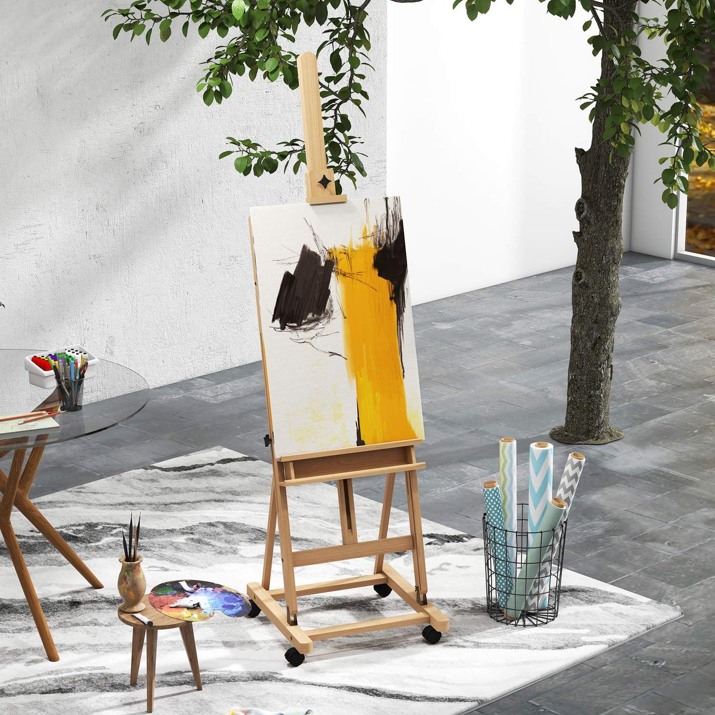 Adjustable easel in beech wood with wheels - foldable stand in canvas