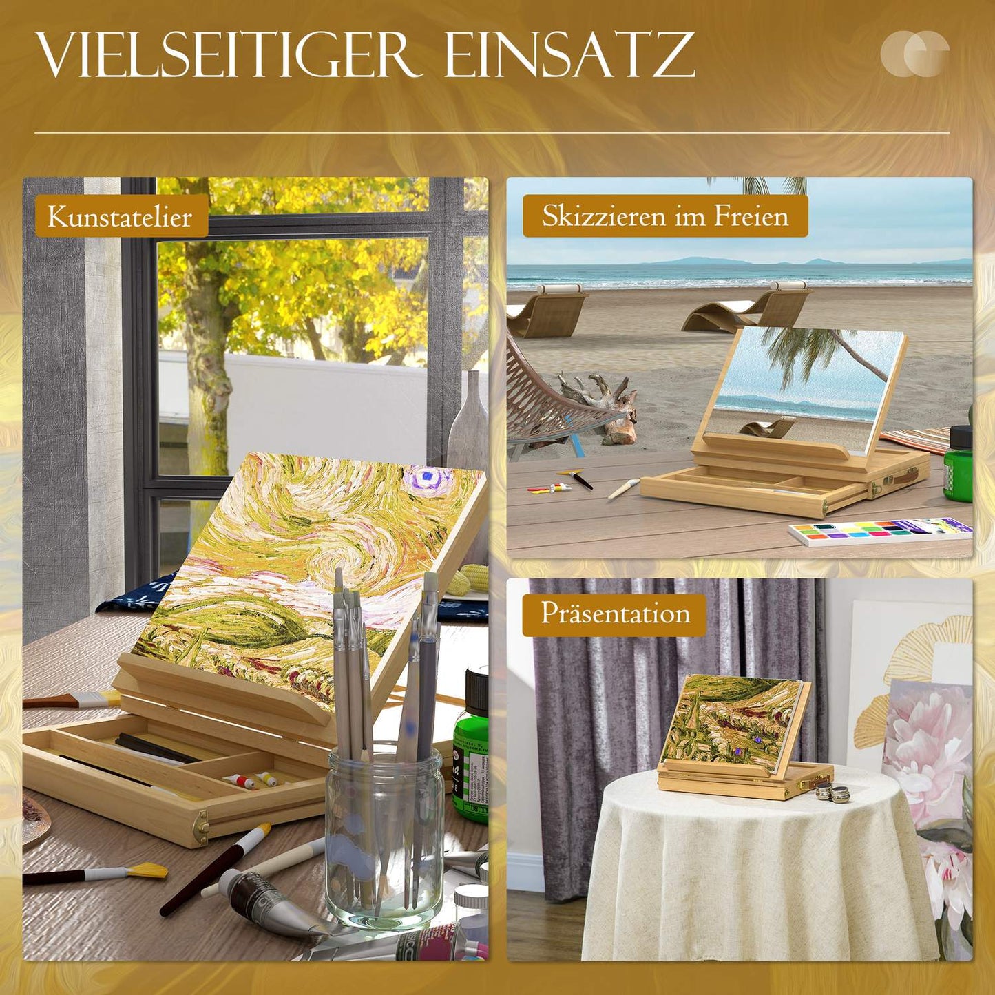 Adjustable easel in beech wood with drawer - collapsible studio stand