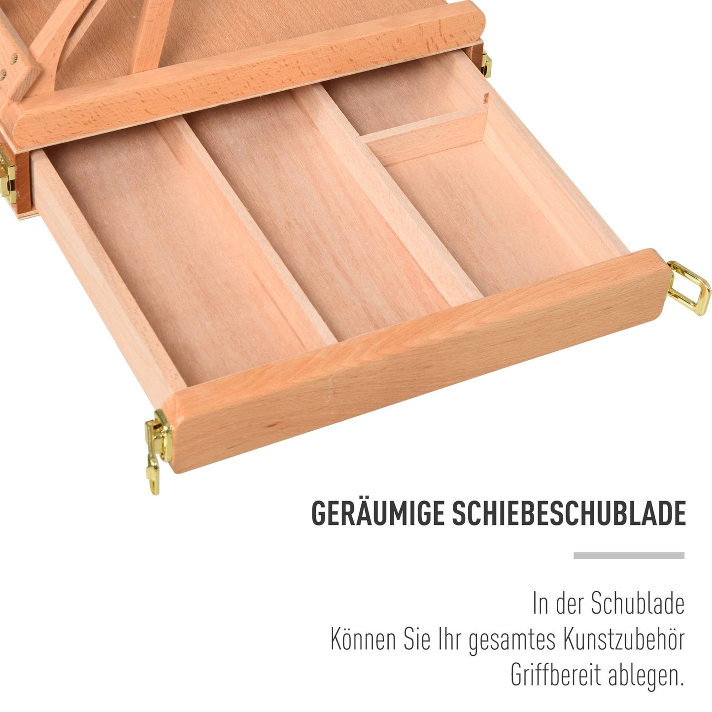 Easel in beech wood with adjustable angle and box