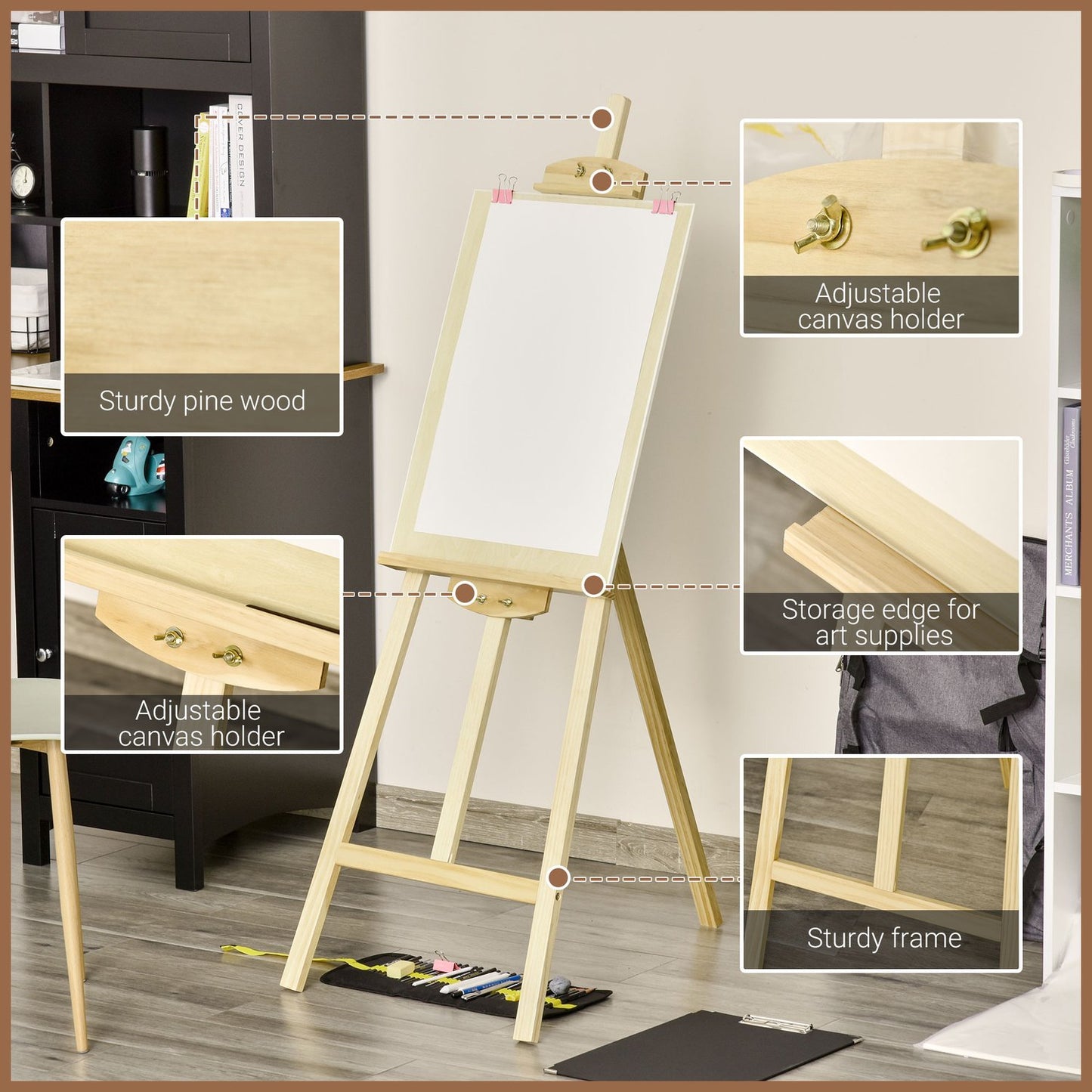 Adjustable pine easel - natural finish, 51.5x71.5x134.5 cm