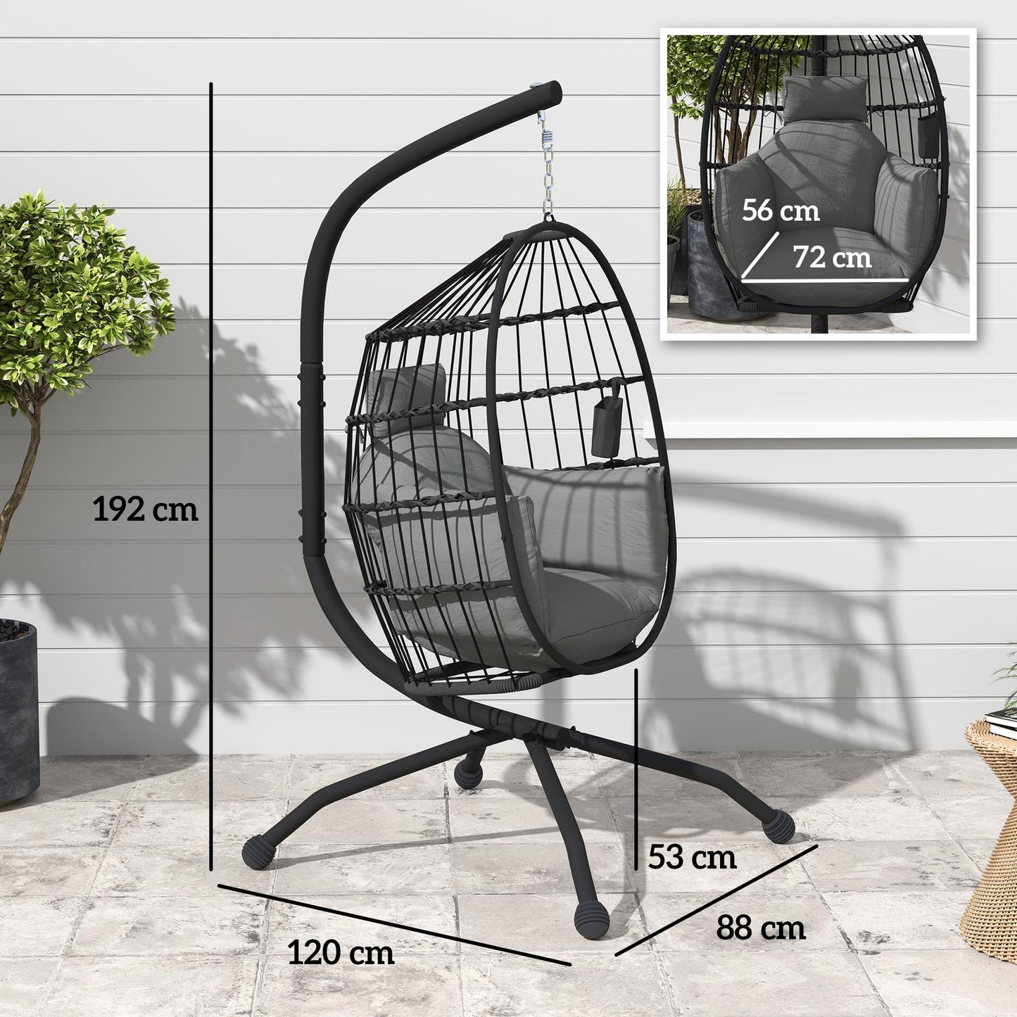 Egg-shaped hanging chair with cup holder, black