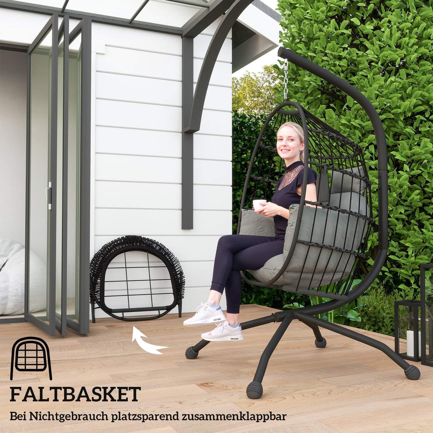 Egg-shaped hanging chair with cup holder, black