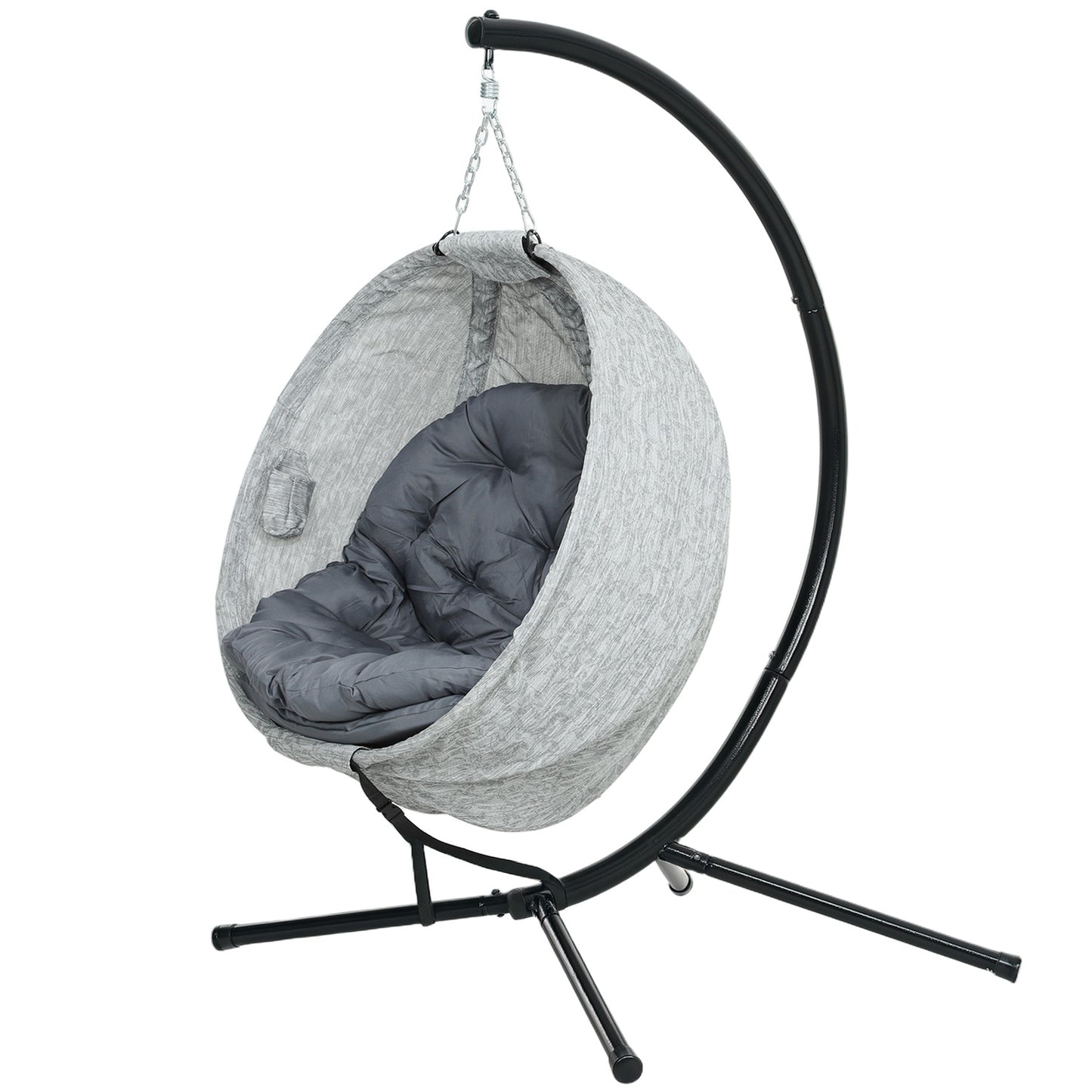 Egg-shaped outdoor hanging chair, gray - folding swing with cup holder