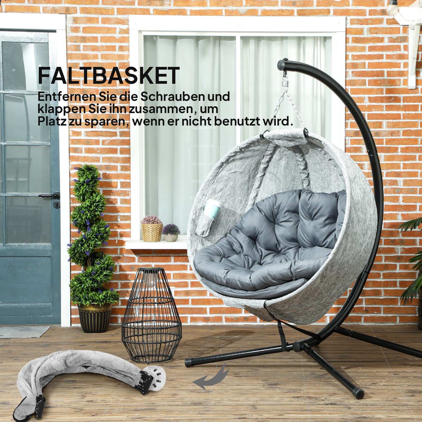 Egg-shaped outdoor hanging chair, gray - folding swing with cup holder