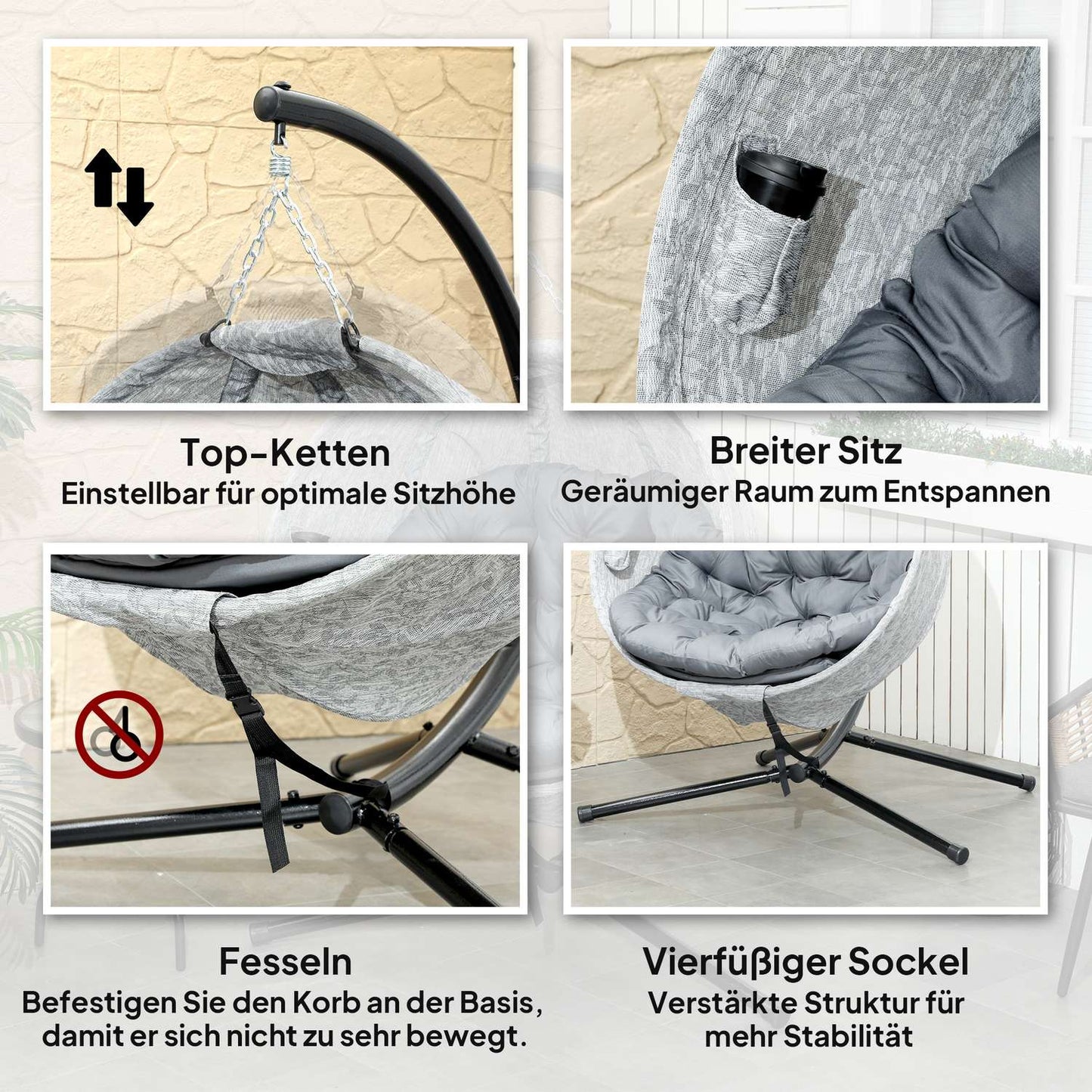 Egg-shaped outdoor hanging chair, gray - folding swing with cup holder