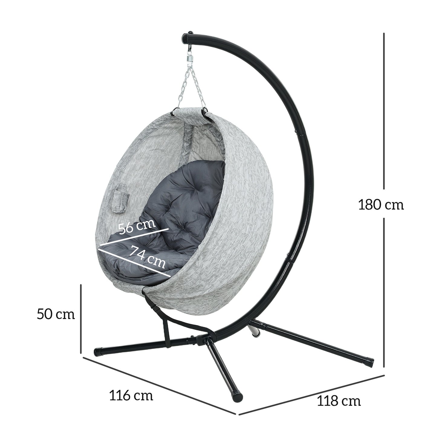 Egg-shaped outdoor hanging chair, gray - folding swing with cup holder