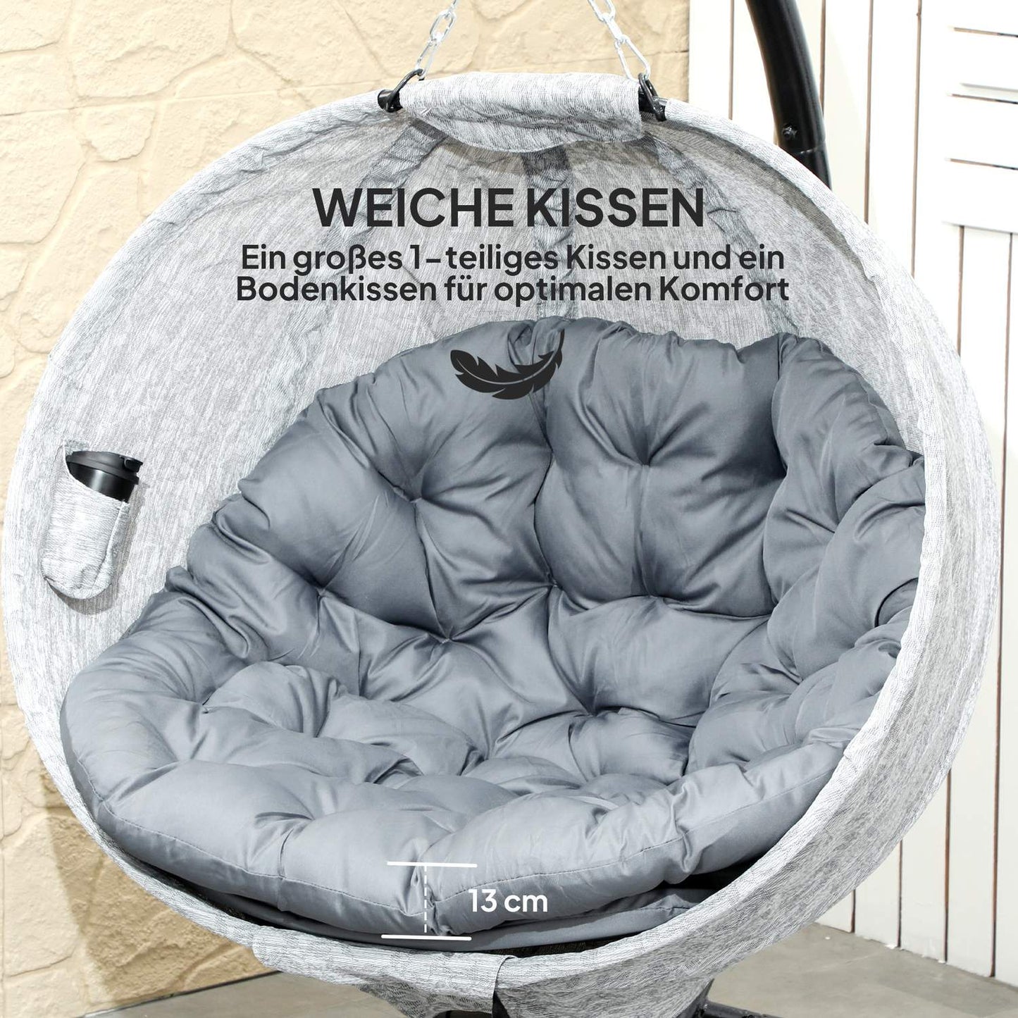Egg-shaped outdoor hanging chair, gray - folding swing with cup holder