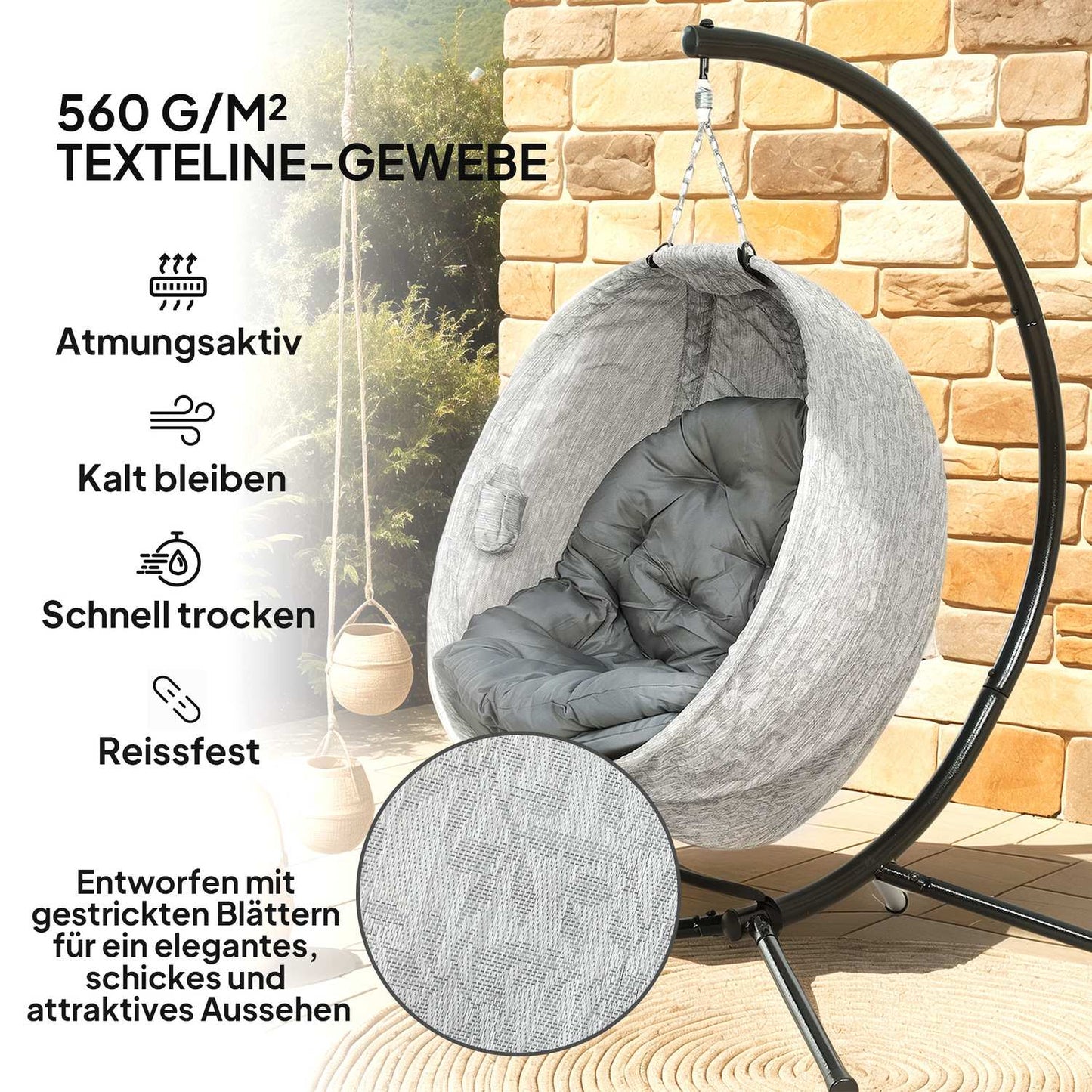 Egg-shaped outdoor hanging chair, gray - folding swing with cup holder
