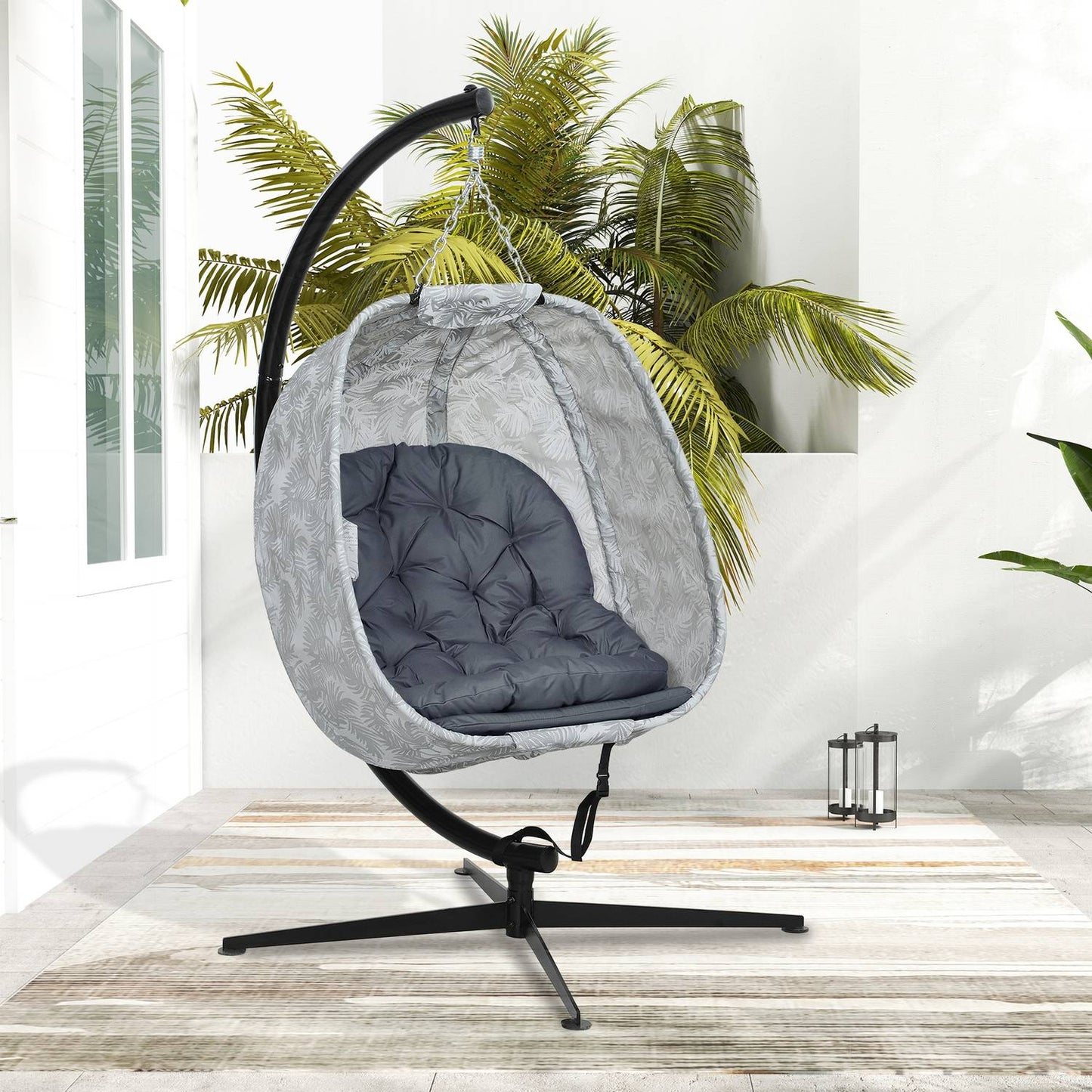 Egg-shaped outdoor hanging chair with cushions, gray