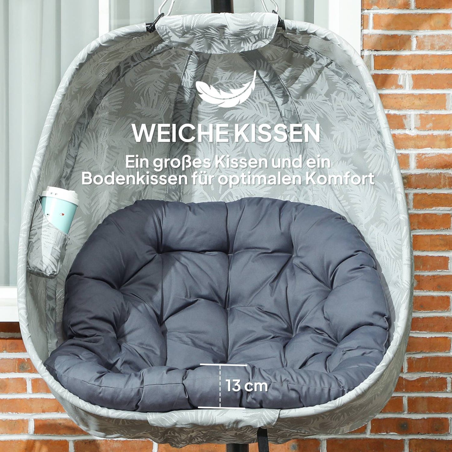 Egg-shaped outdoor hanging chair with cushions, gray