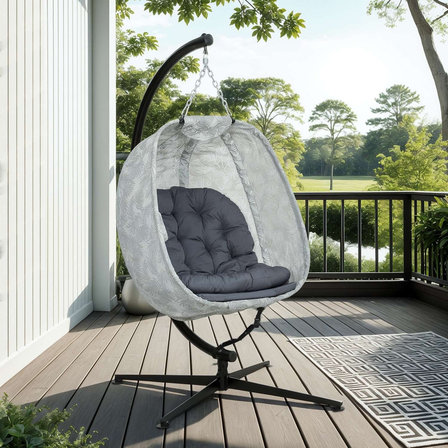 Egg-shaped outdoor hanging chair with cushions, gray