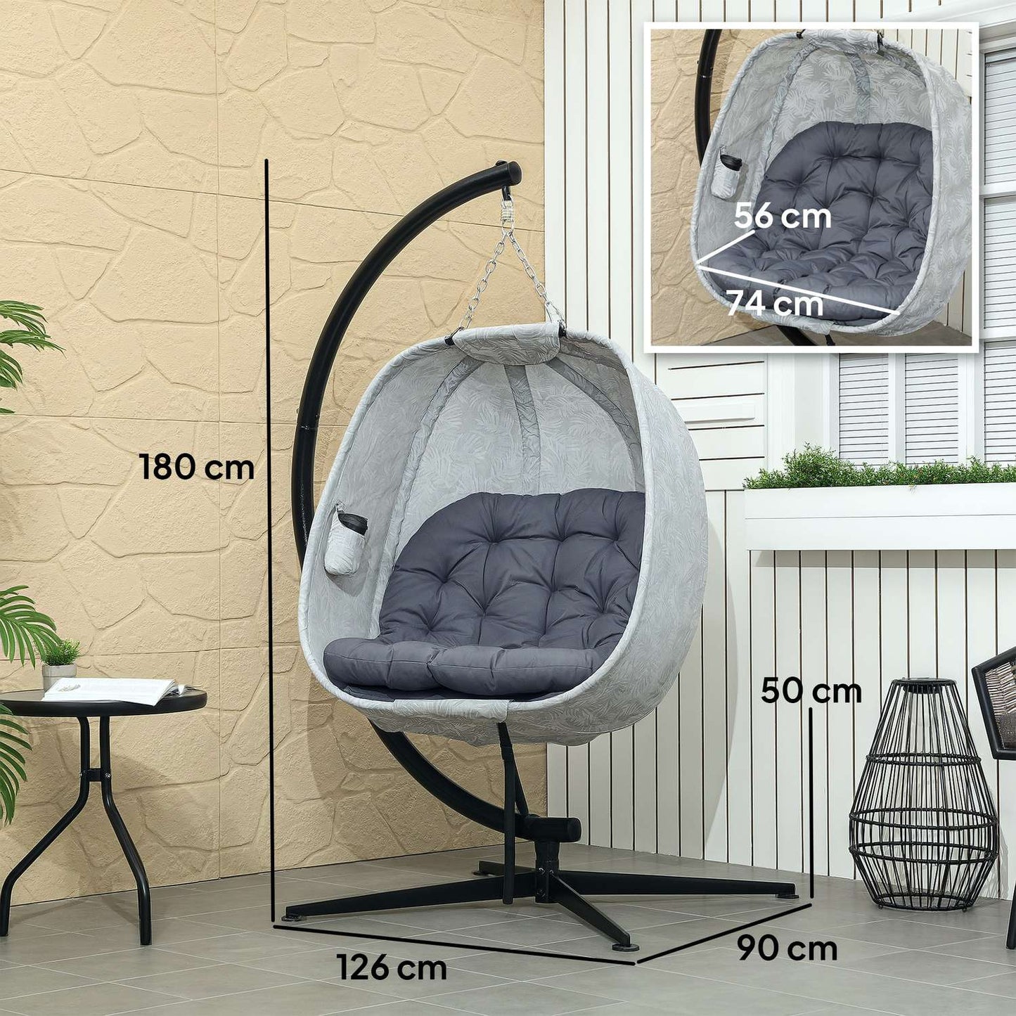 Egg-shaped outdoor hanging chair with cushions, gray