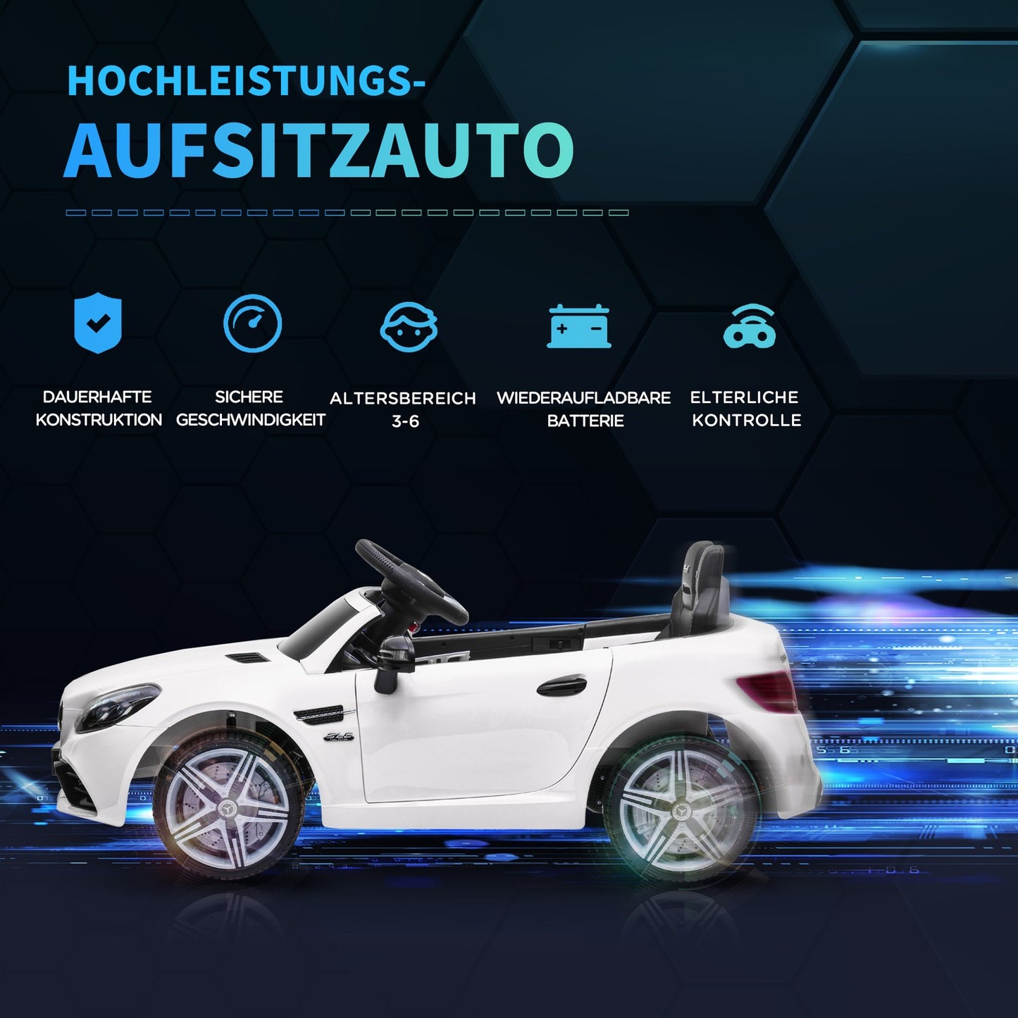 Electric ride-on car for children 3+, remote control, LED lights