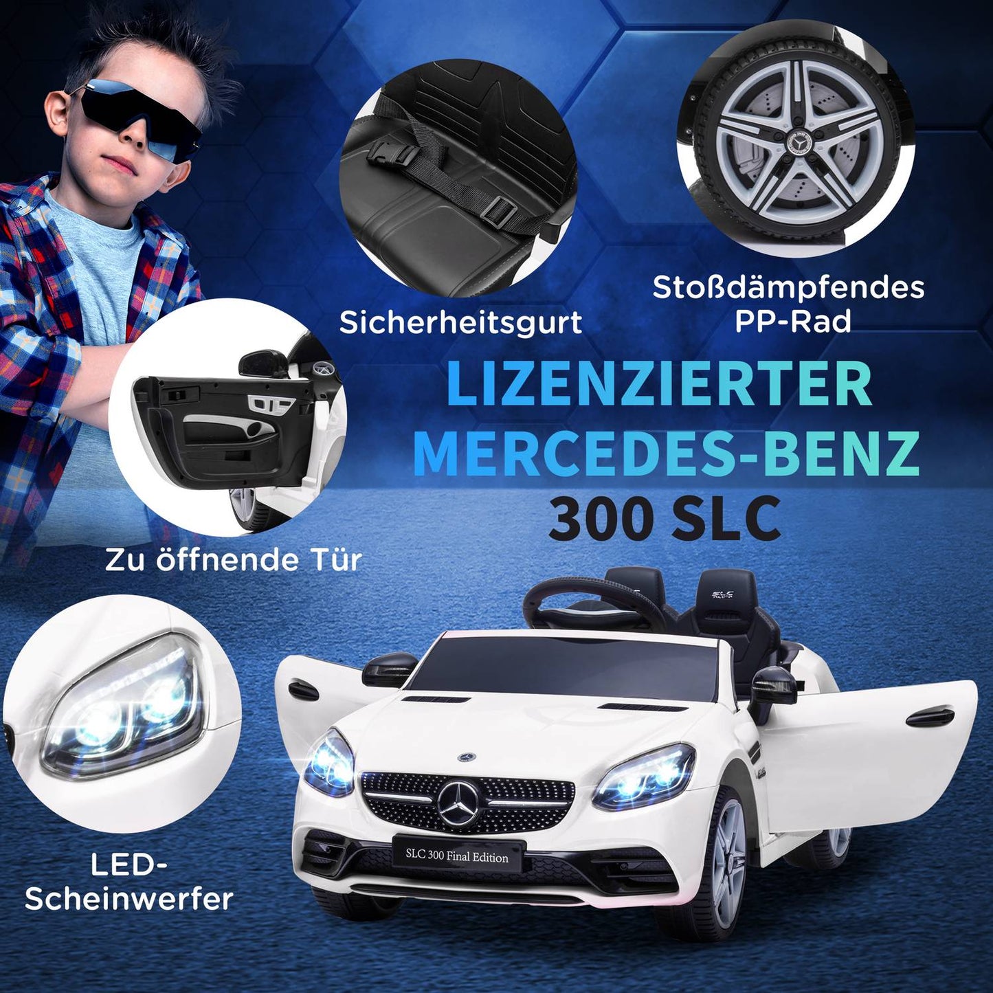 Electric ride-on car for children 3+, remote control, LED lights