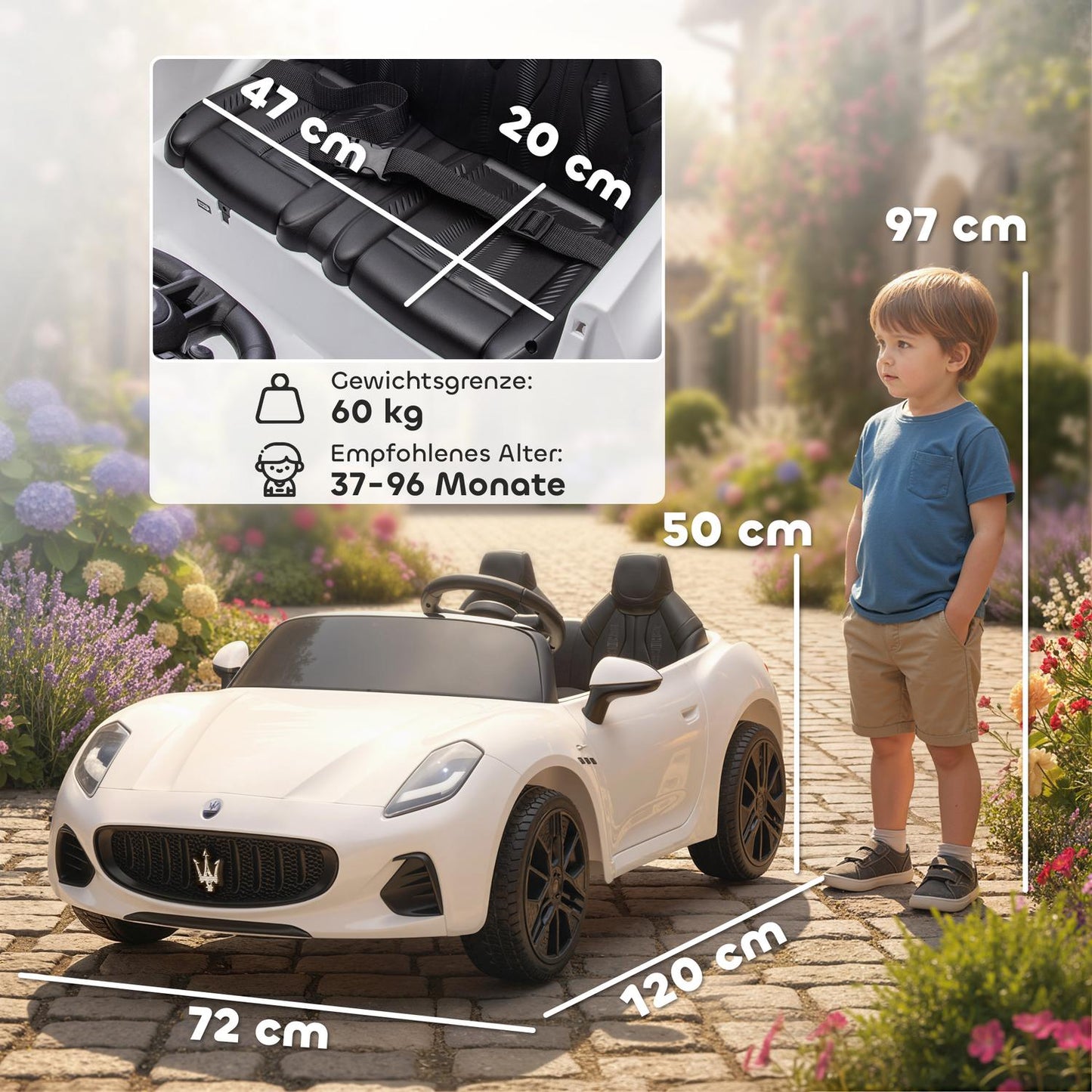 Electric Car for Kids, 2-Seater, 12V, Remote, LED, White