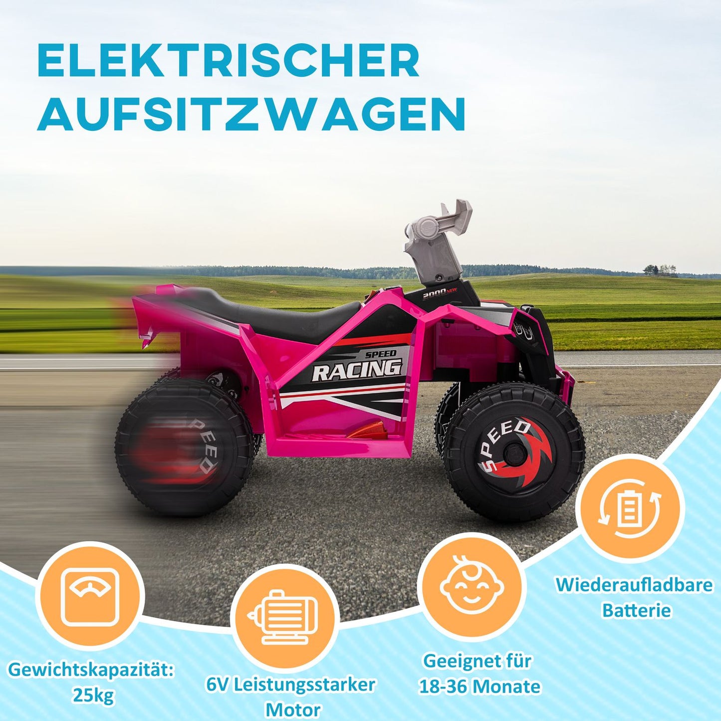 Electric quad bike for children, forward/backward, 6V, 1.5-3 years, pink