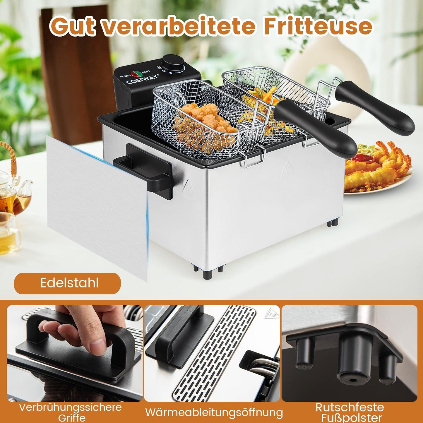 Electric Deep Fryer, 2000W, 5L, 3 Baskets, Adjustable Temp