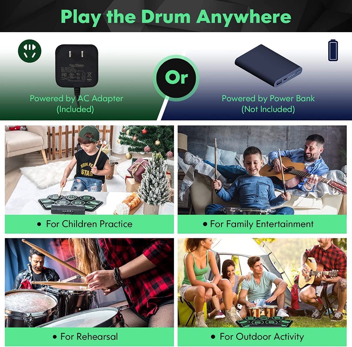 Electric Drum Kit with 9 Pads Roll-up drum practice pad with 2 stereo speakers