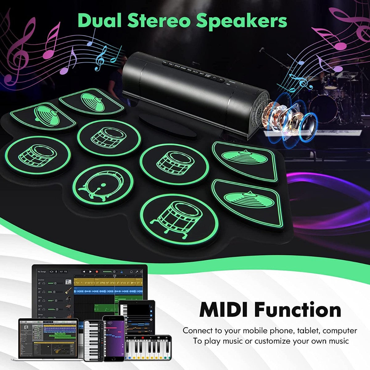 Electric Drum Kit with 9 Pads Roll-up drum practice pad with 2 stereo speakers
