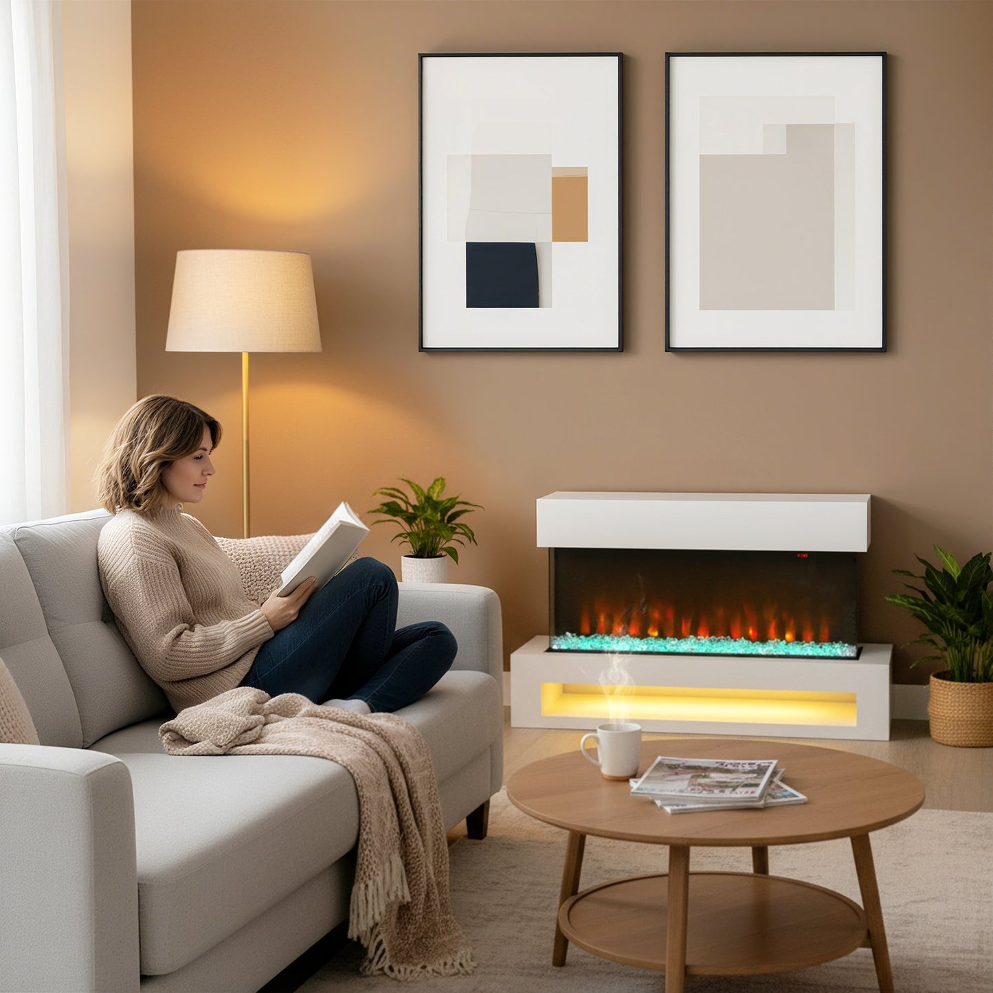 Electric Fireplace, 11 Flame Colors, 1000W/2000W, Remote