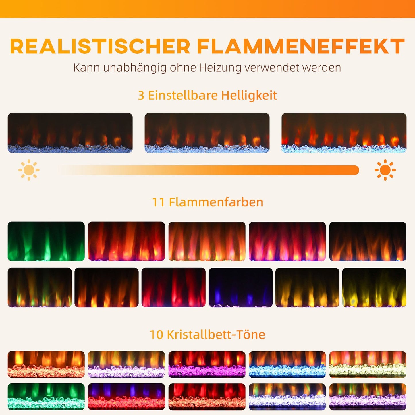 Electric Fireplace, 11 Flame Colors, 1000W/2000W, Remote