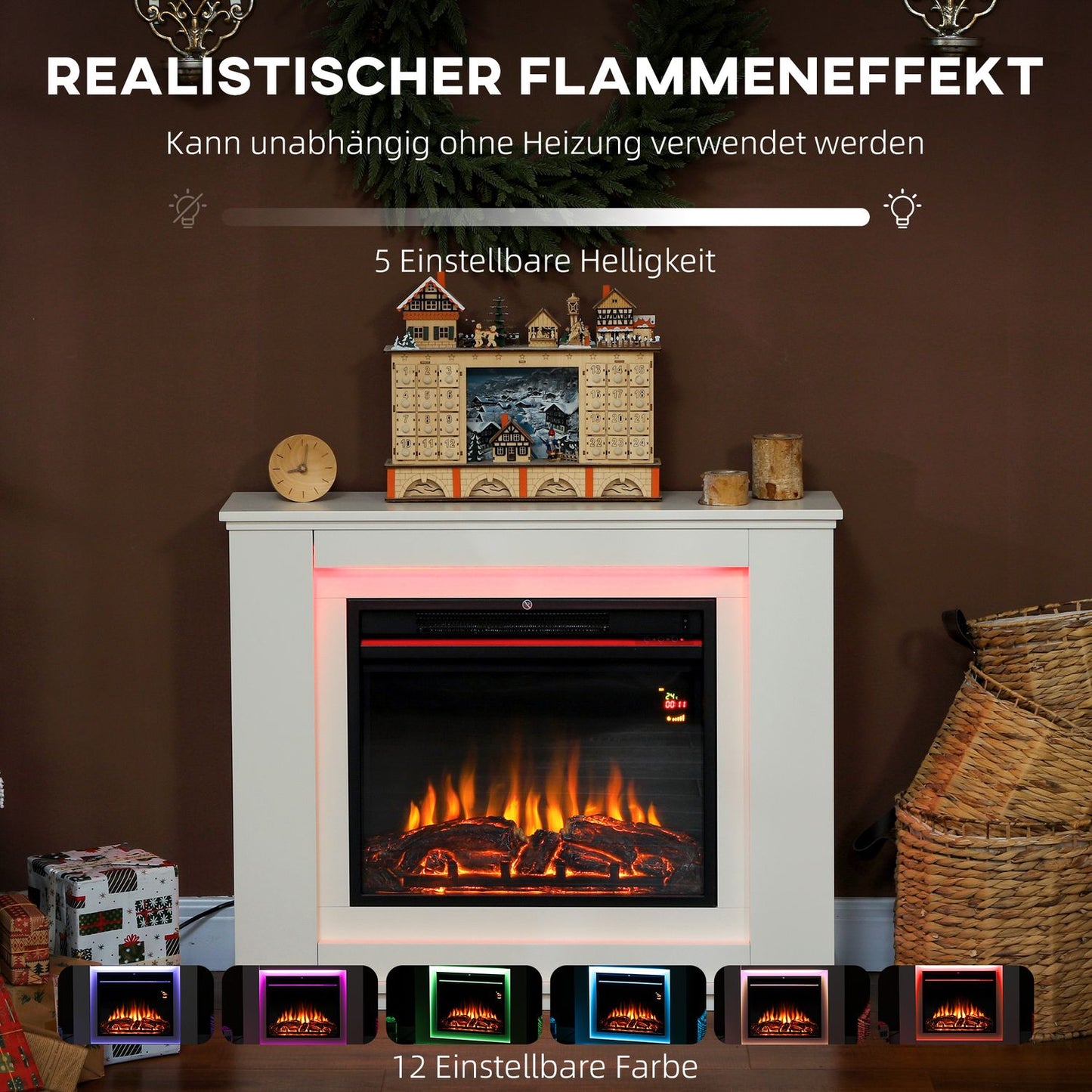 Electric Fireplace, 12 Flame Colors, Remote, Timer, Black