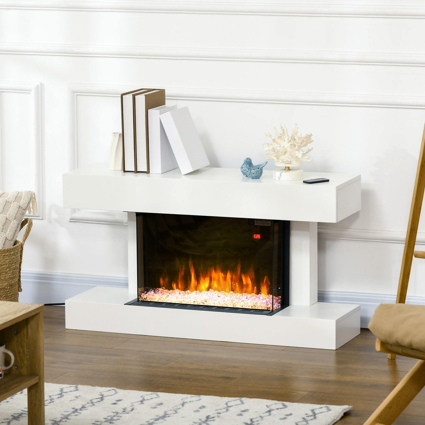 Electric Fireplace, Adjustable Heat, LED Flame, White