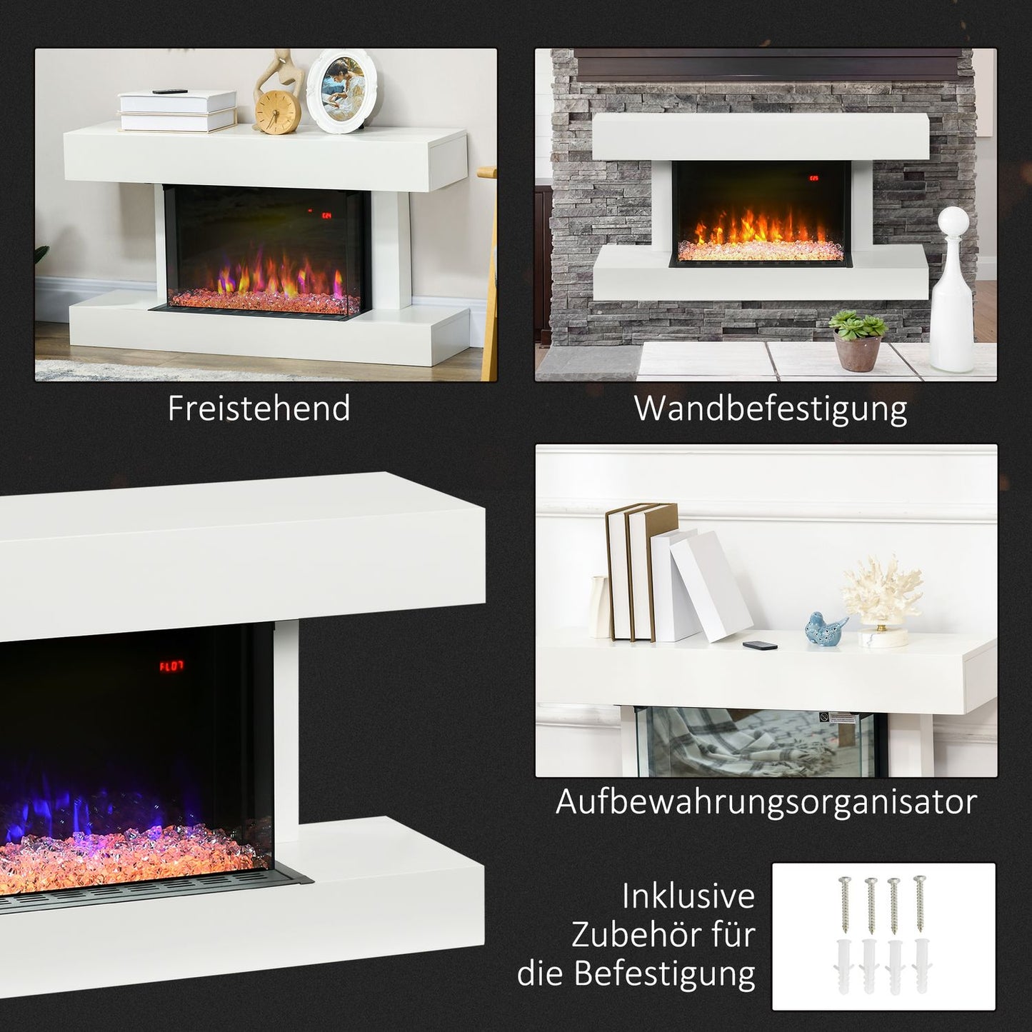 Electric Fireplace, Adjustable Heat, LED Flame, White