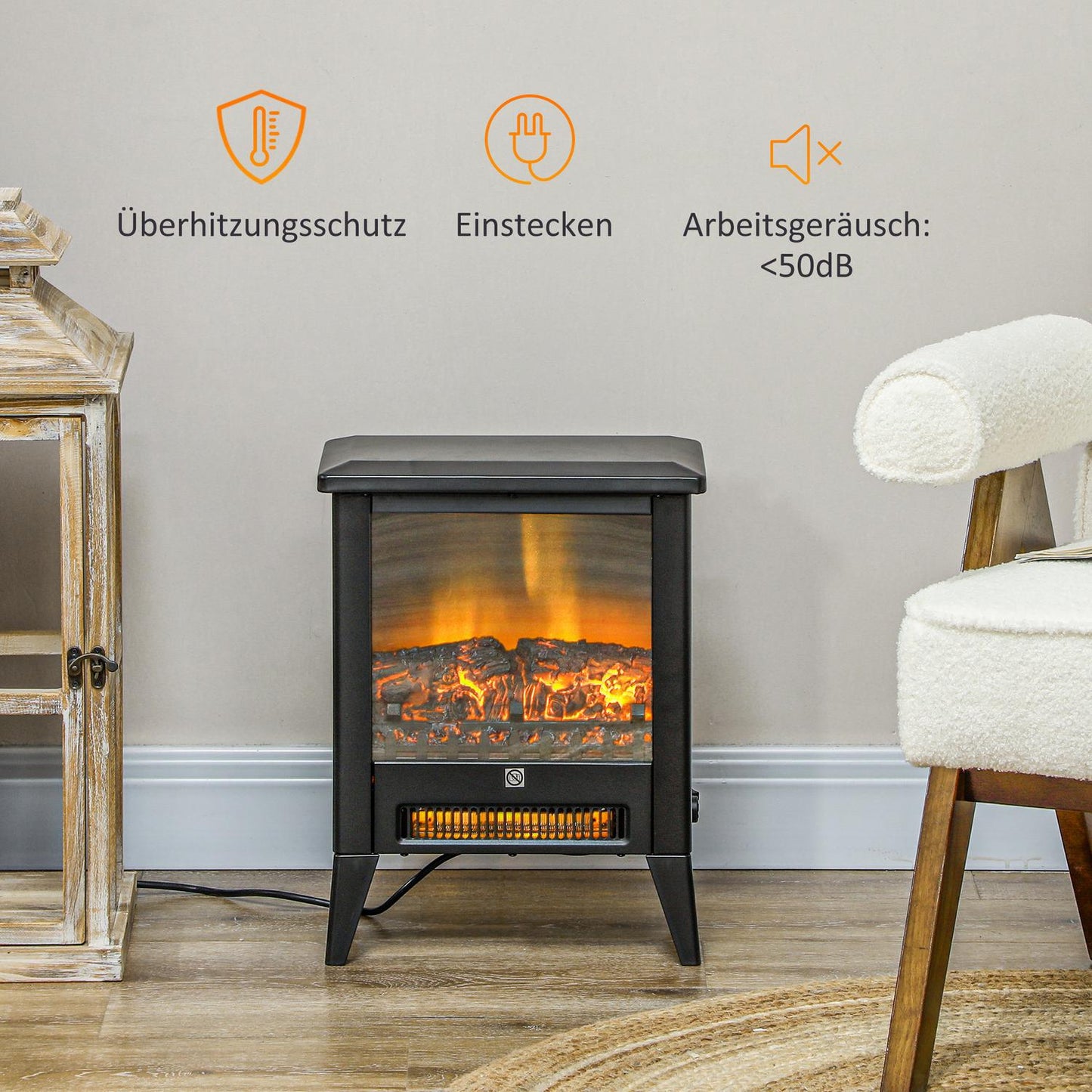 Electric fireplace heater, 1800W, LED Flame, Low noise