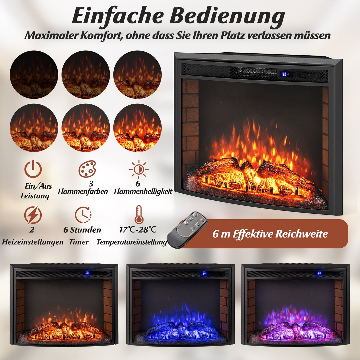 Electric Fireplace Heater, 1500W, Remote Control, Overheat Protection