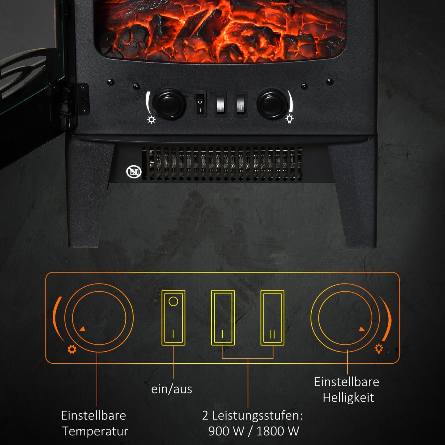 Electric Fireplace Heater, 900W/1800W, 3-Sided View