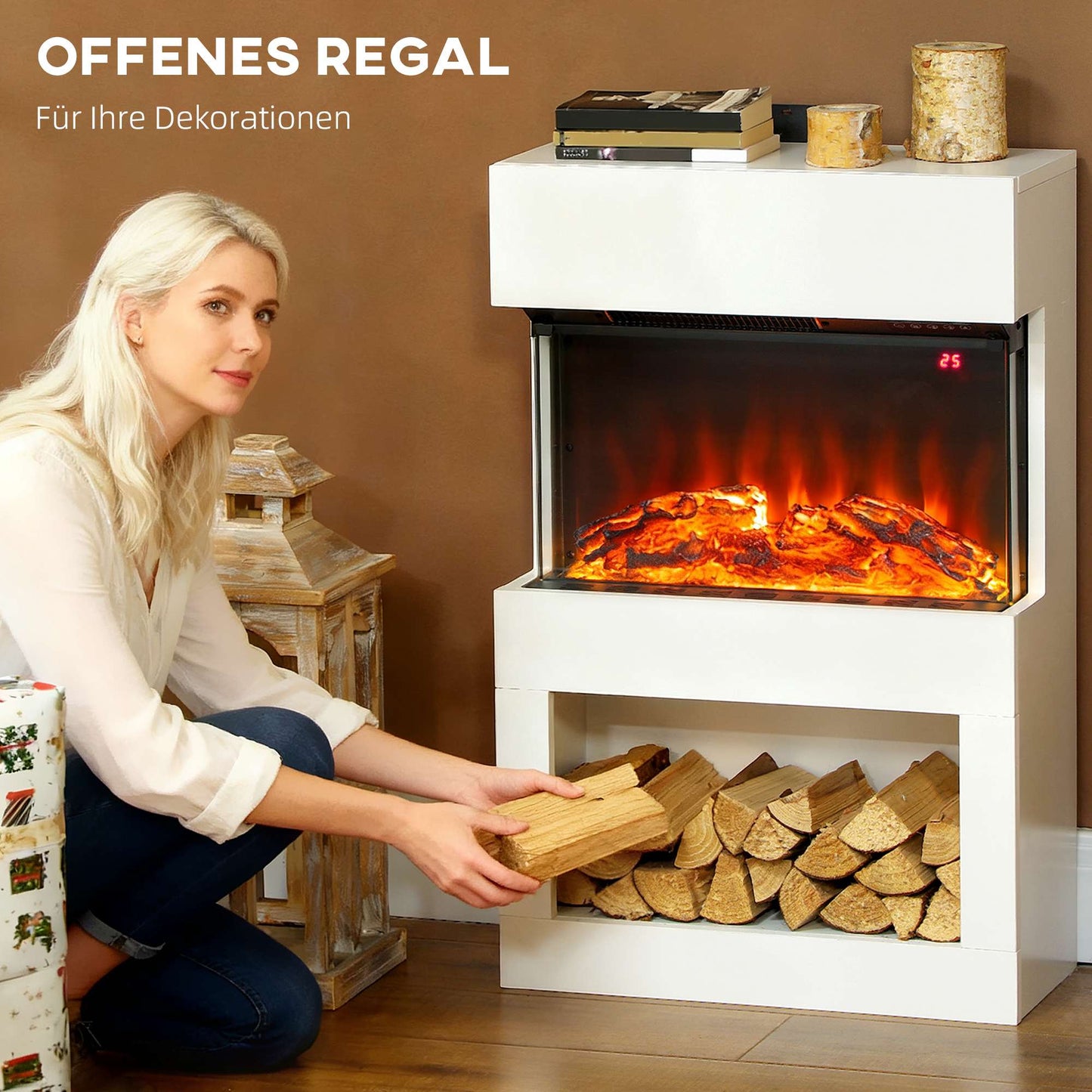 Electric Fireplace Heater, Adjustable Flames, 1000/2000W