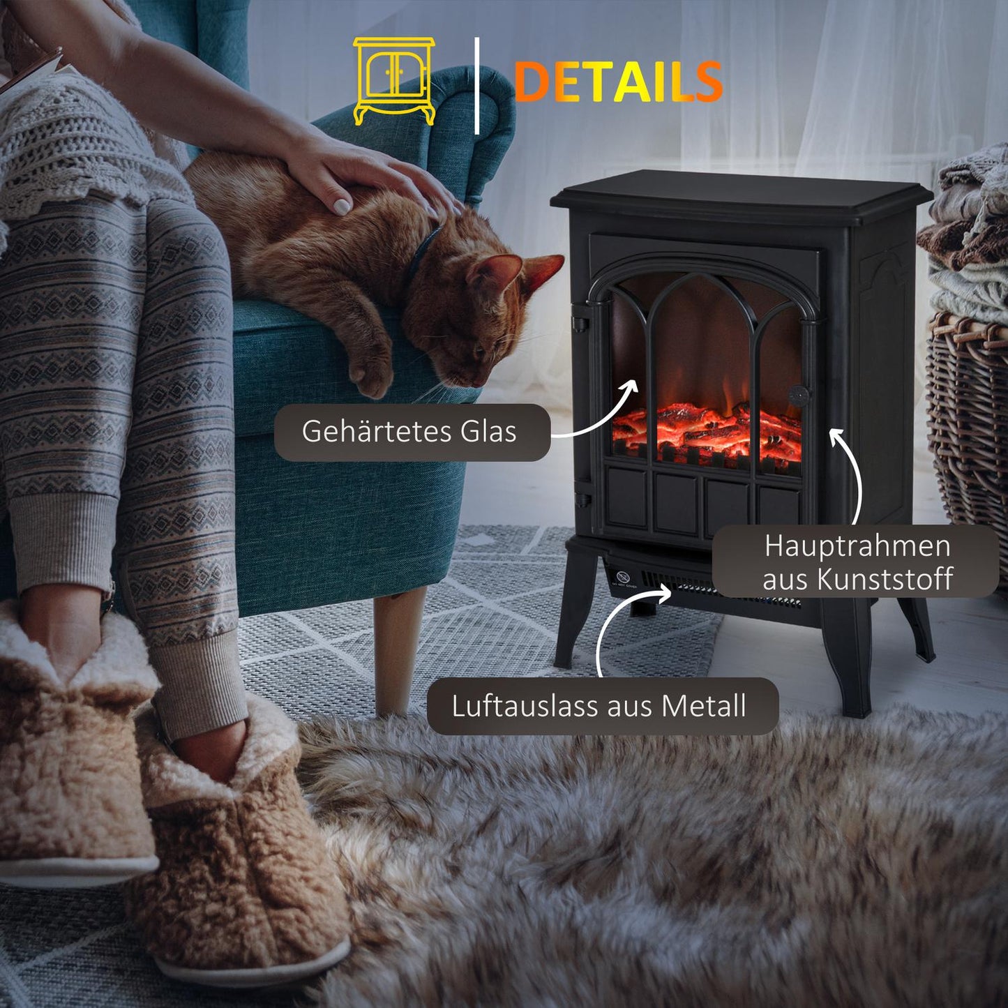 Electric fireplace, 2000W, LED flame, Low noise, Metal safety