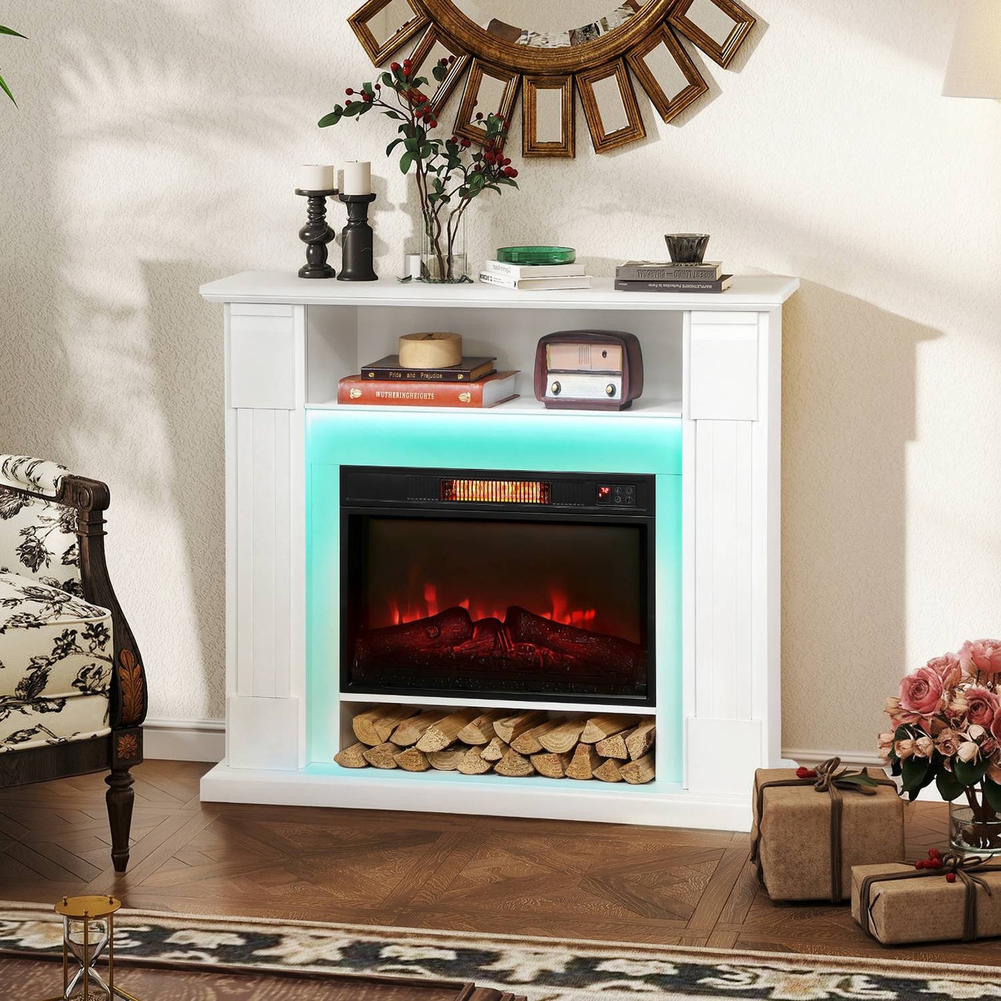 Electric Fireplace with LED Lights, 1800W, White, 2 Remotes