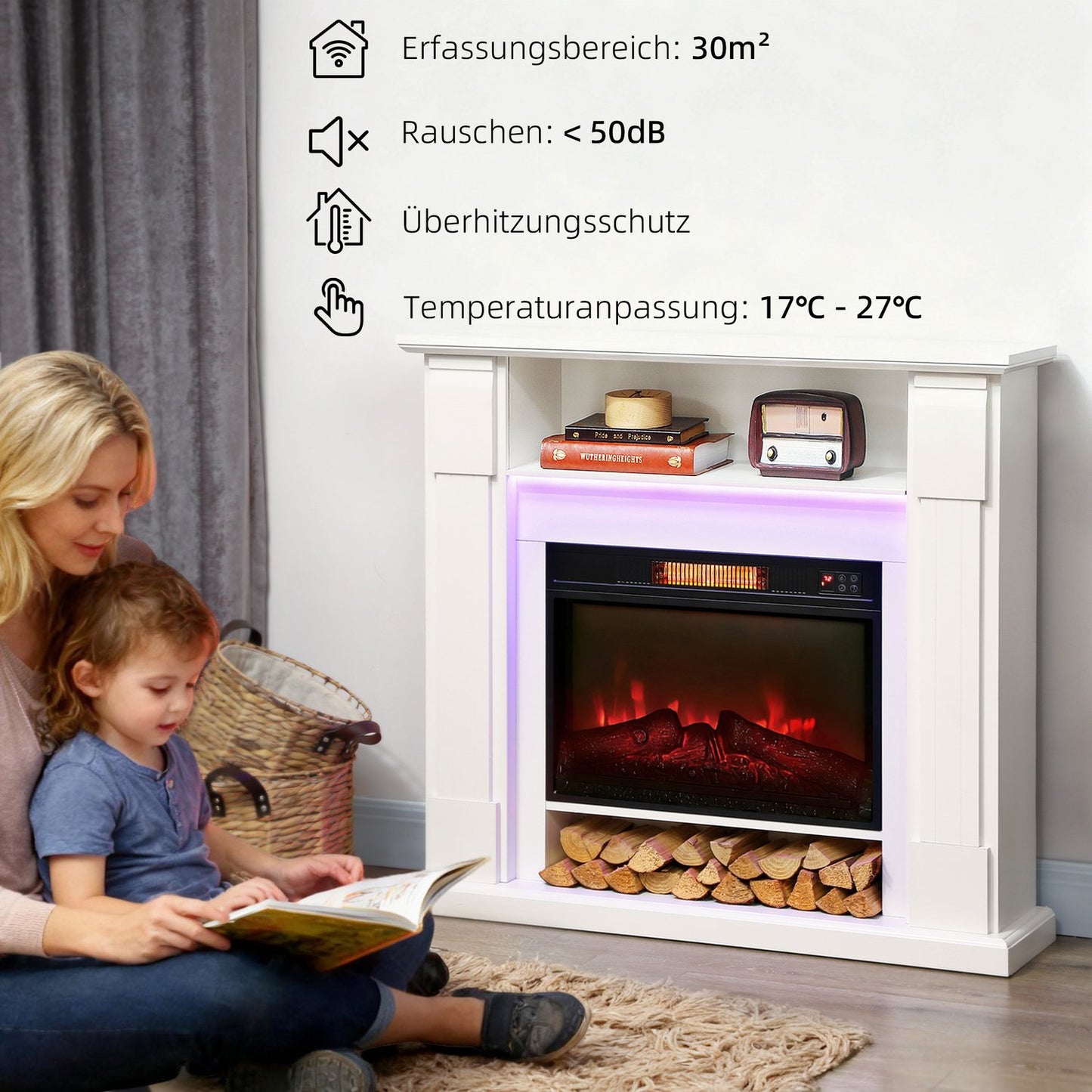 Electric Fireplace with LED Lights, 1800W, White, 2 Remotes