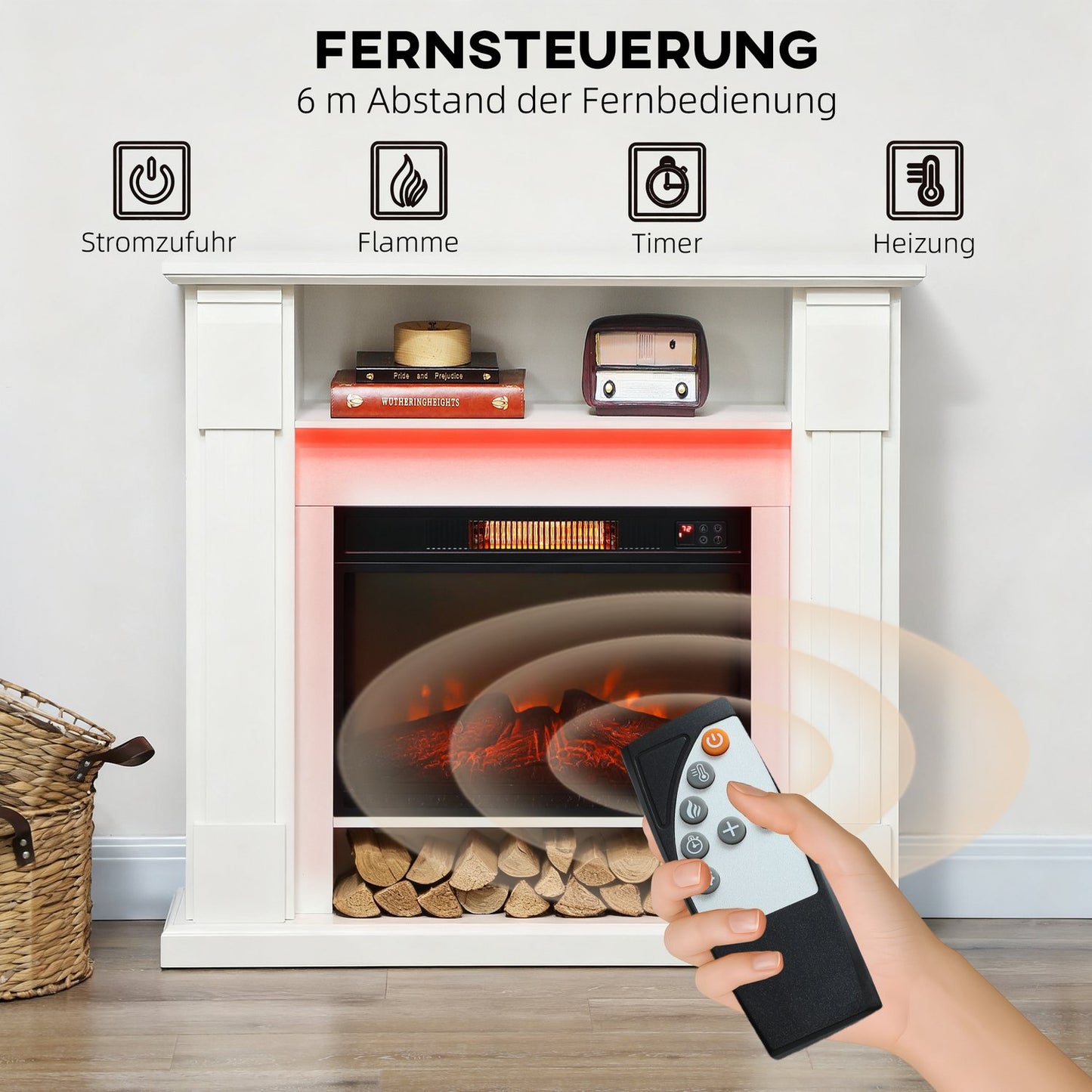 Electric Fireplace with LED Lights, 1800W, White, 2 Remotes