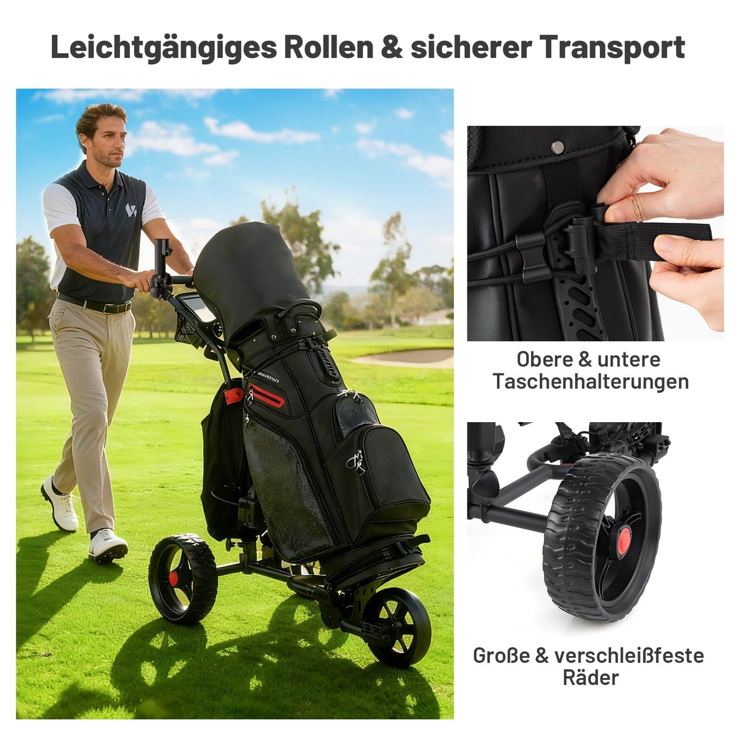 Electric Golf Pushcart, 3-Wheel, Adjustable Handle, USB Port