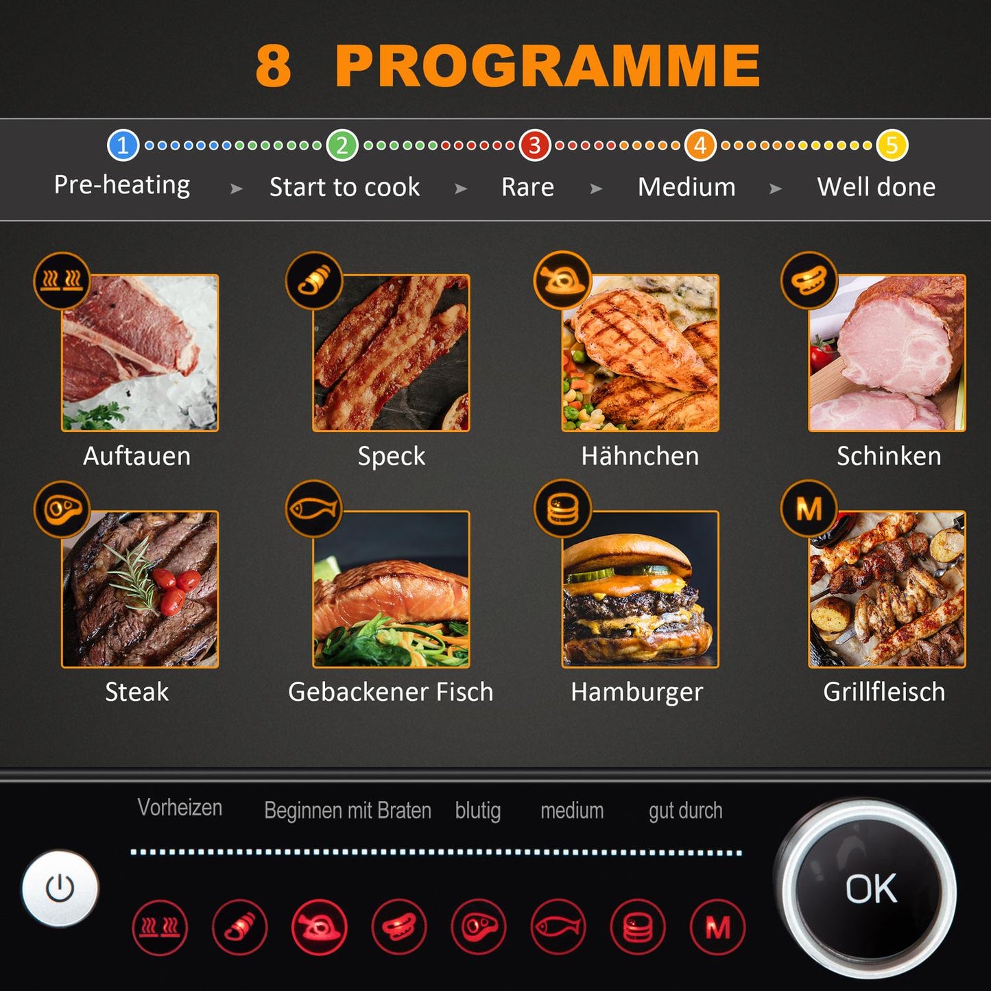 Electric contact grill, 2100W, foldable, 8 cooking modes