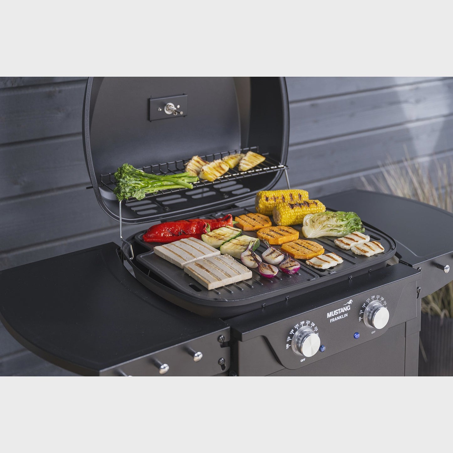 Electric Grill with Cart, Dual Zones, 2300W, Cast Iron Grates