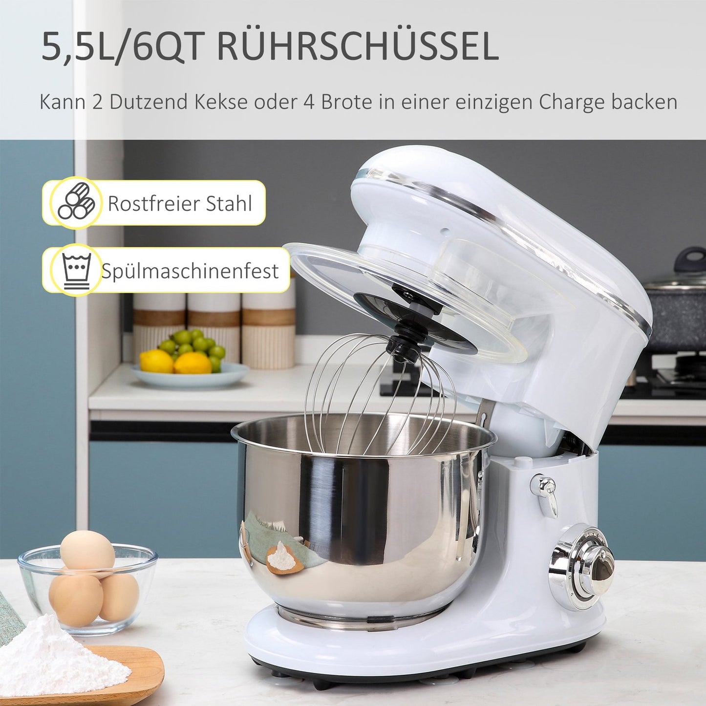 Electric hand mixer with stand, 5.5L bowl, 1200W, 6 speeds