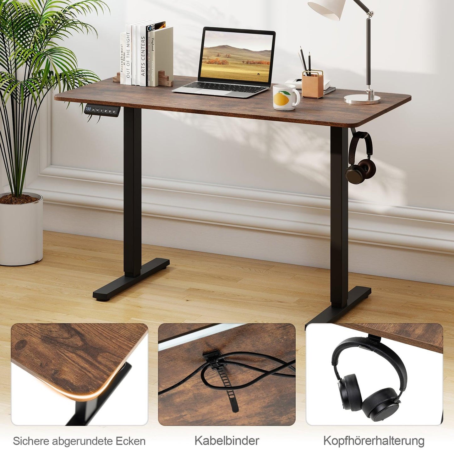 Electric Height-Adjustable Desk, 120 x 60 cm, Rustic Brown